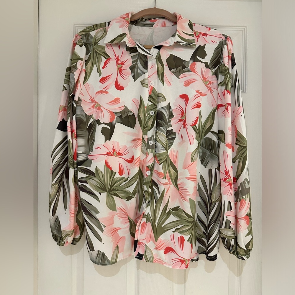 Flowy long sleeve woman's tropical blouse